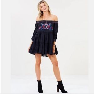 Free People Off The Shoulder Mini Dress Small Embroidered Sunbeams Black NWT